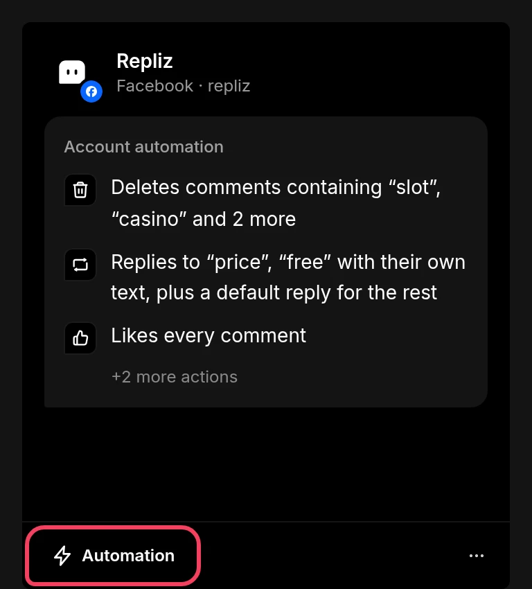 An account card in Account Integration with the Automation button highlighted
