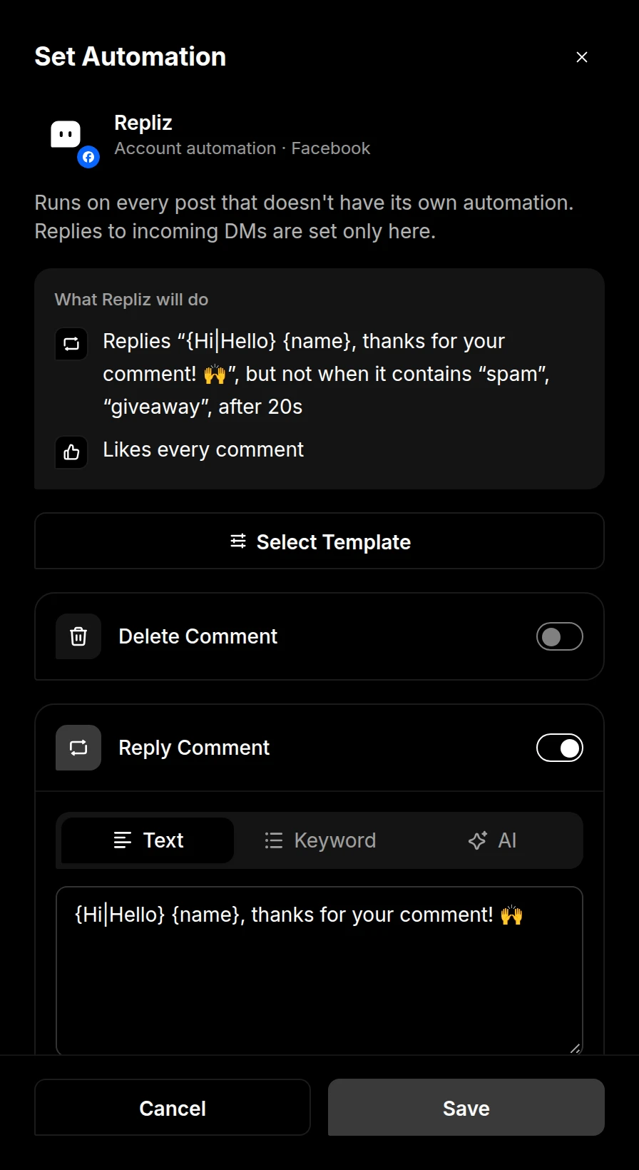 The Set Automation window for an account, with Reply Comment turned on