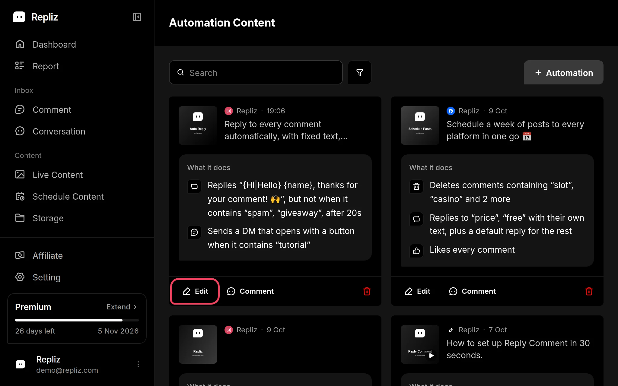 Automation Content with the Edit button highlighted on the first automation
