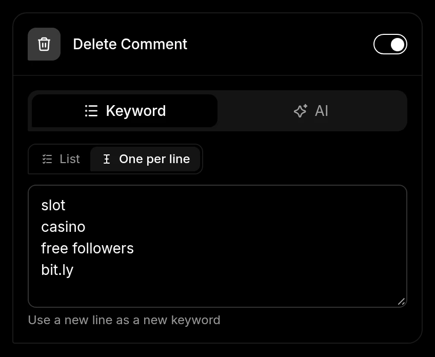 A keyword list switched to One per line