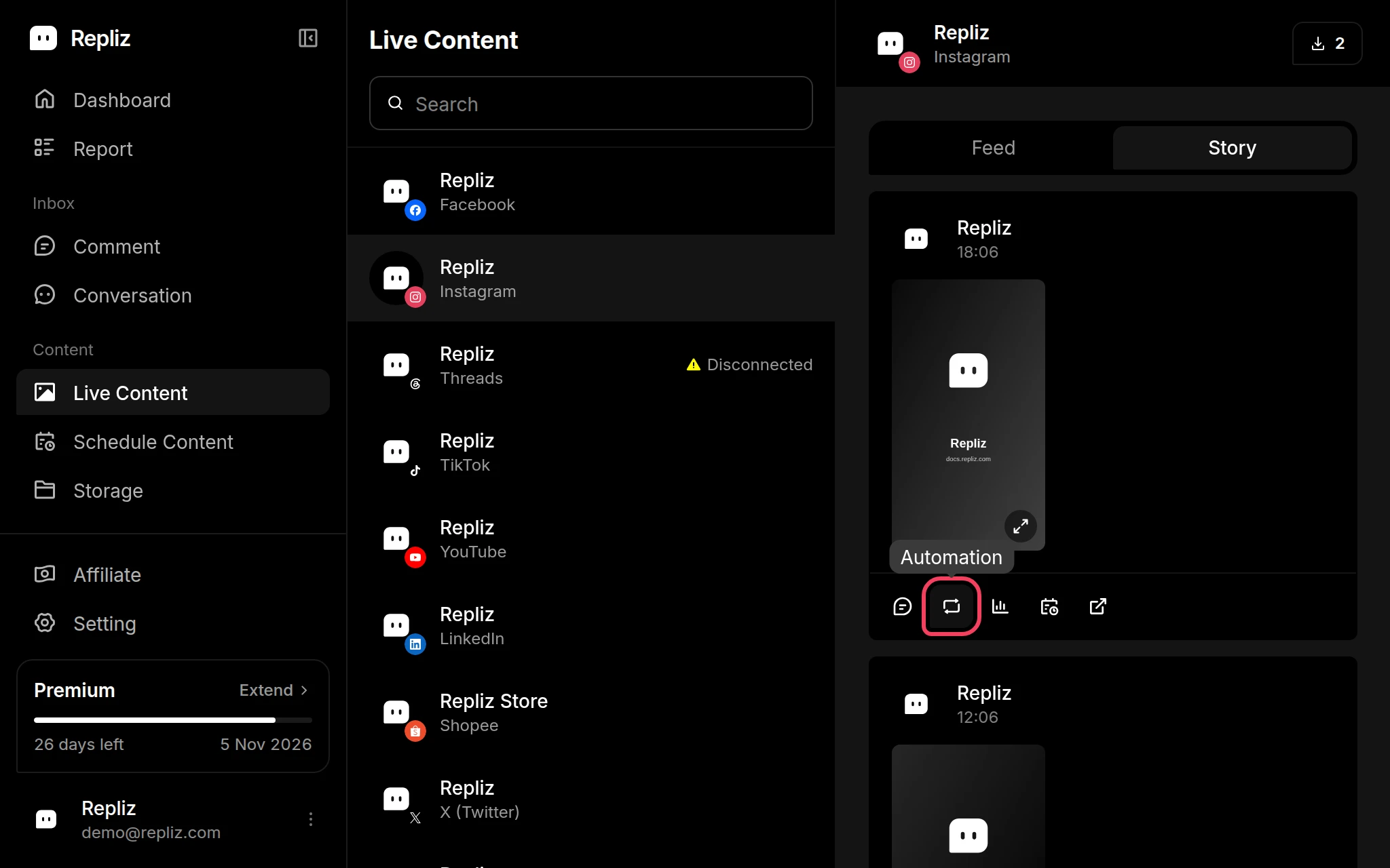 The Story tab in Live Content with a story's Automation button highlighted