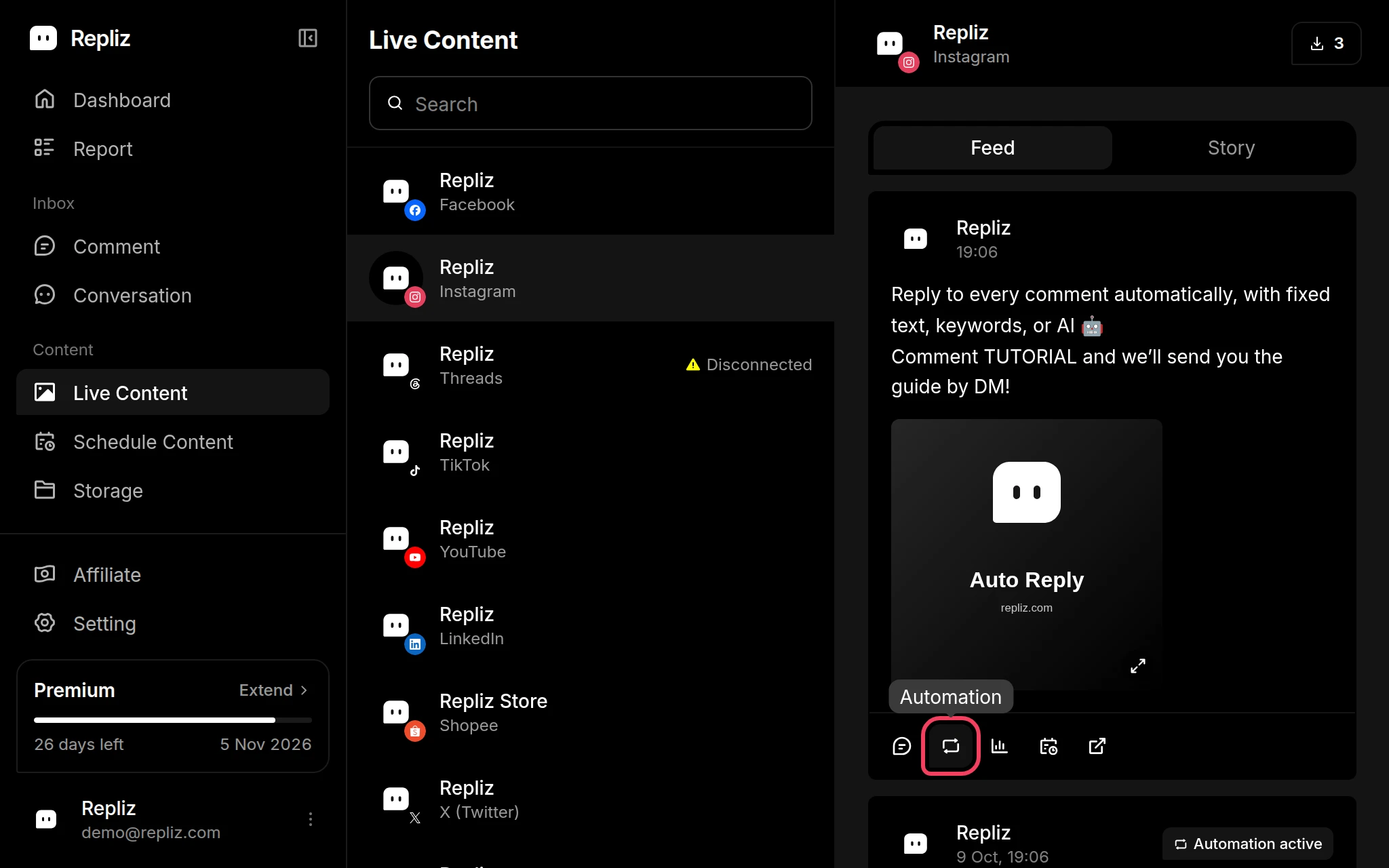 A post in Live Content with its Automation button highlighted