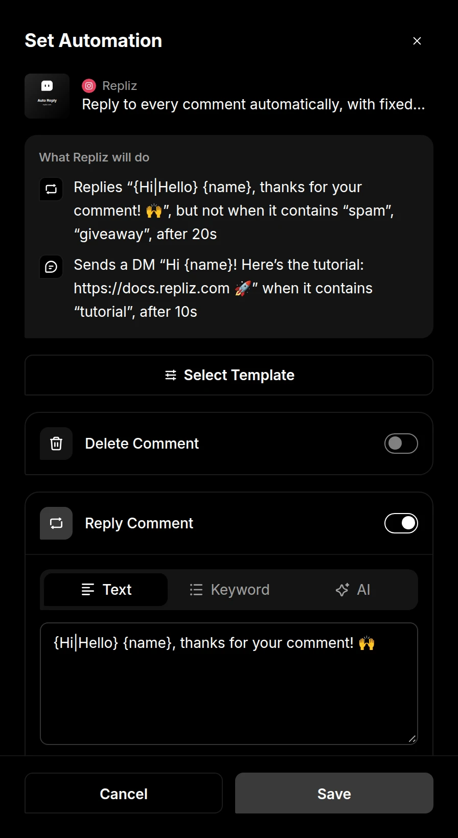 The Set Automation window for a post