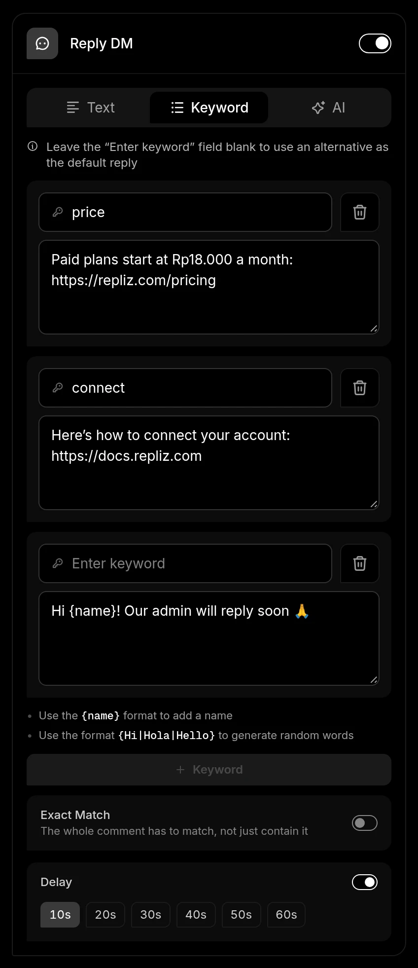 Reply DM in Keyword mode with two keywords, a default reply, and a 10-second Delay