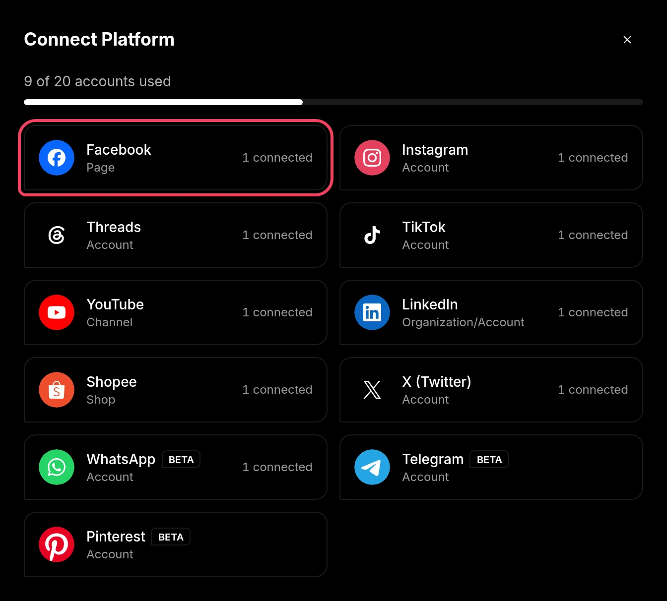 The Connect Platform window with Facebook highlighted