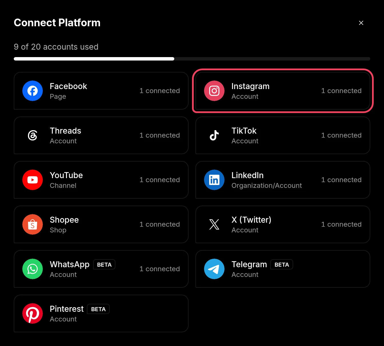 The Connect Platform window with Instagram highlighted