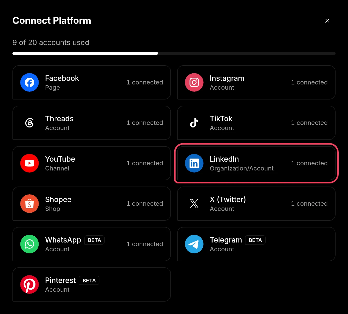 The Connect Platform window with LinkedIn highlighted