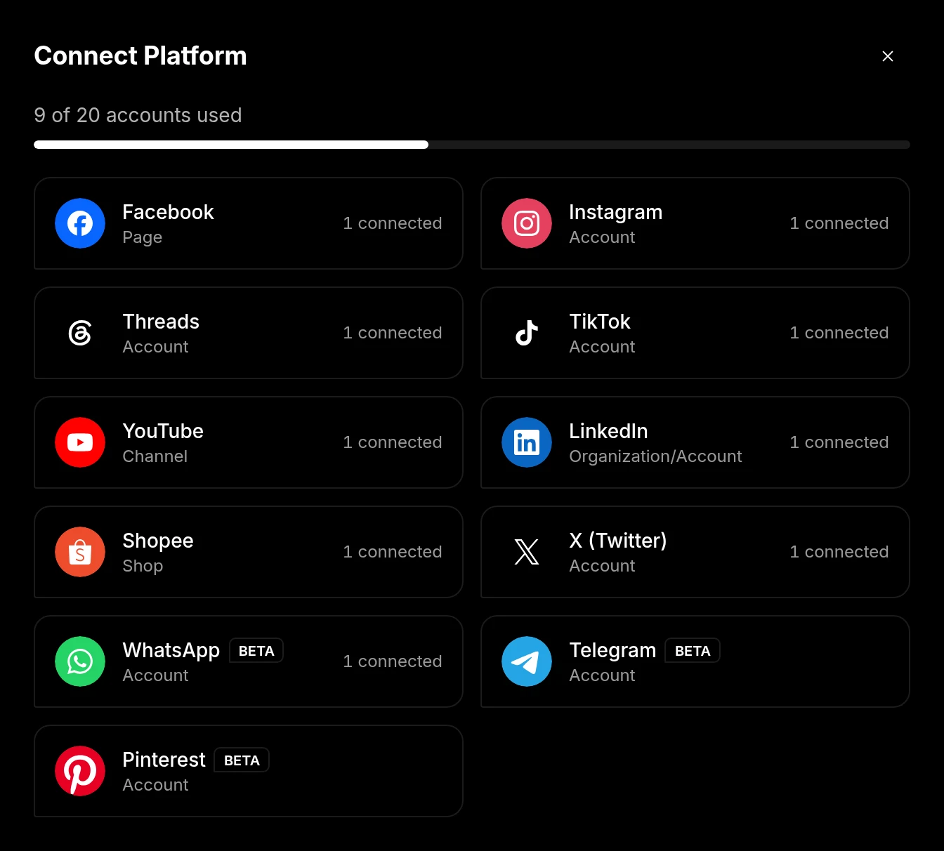 The Connect Platform window with every platform
