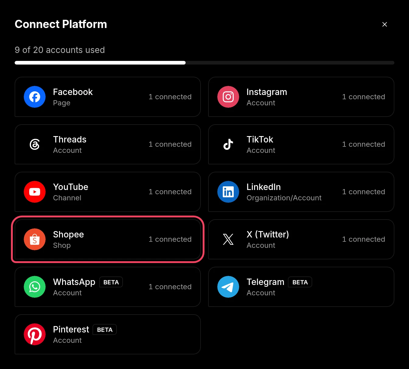 The Connect Platform window with Shopee highlighted