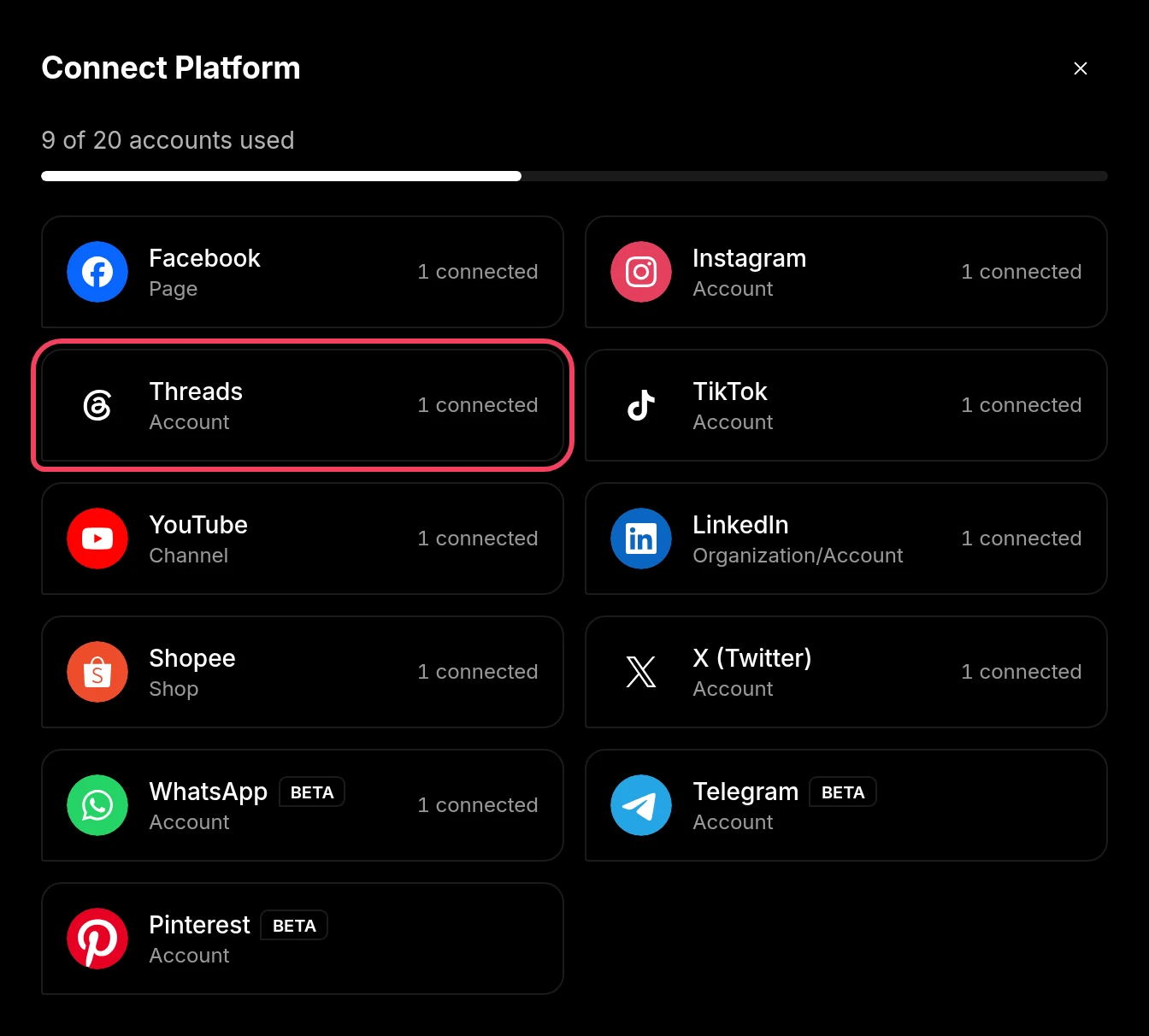 The Connect Platform window with Threads highlighted