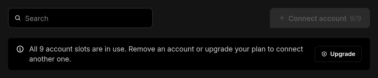 The Connect account button greyed out, with a notice that every account slot is in use