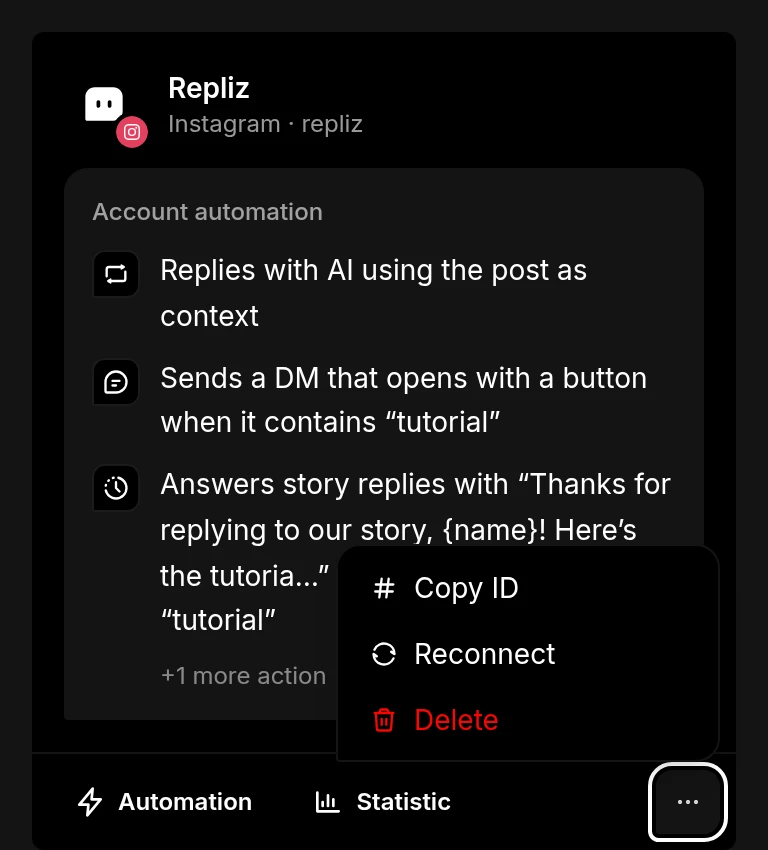 An account card with its menu open, showing Copy ID, Reconnect and Delete