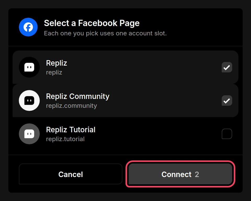 The Select a Facebook Page list with two Pages ticked and the Connect button highlighted