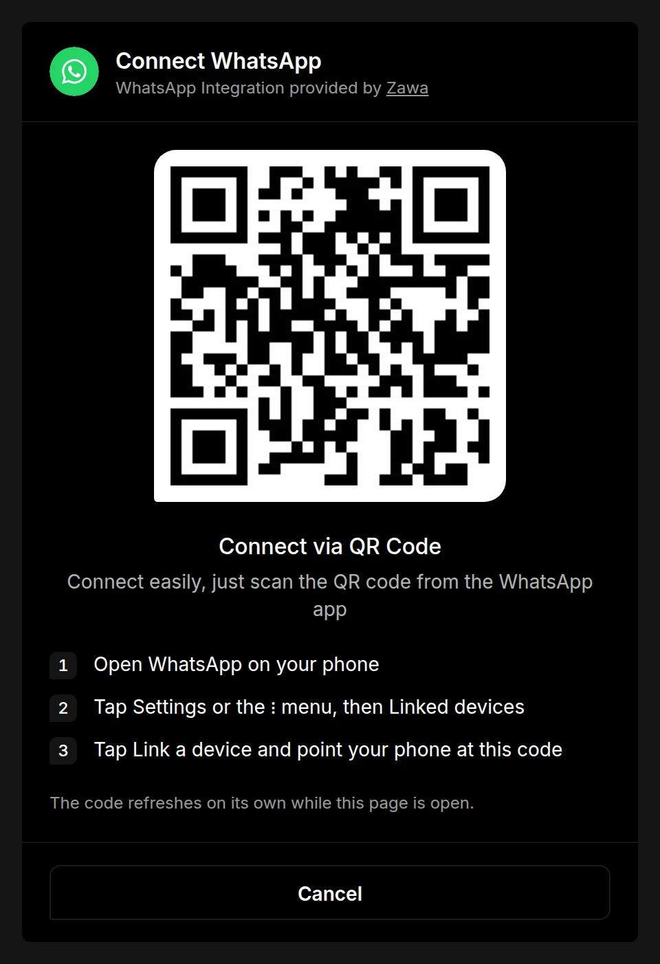 The Connect WhatsApp page showing a QR code and the steps to scan it