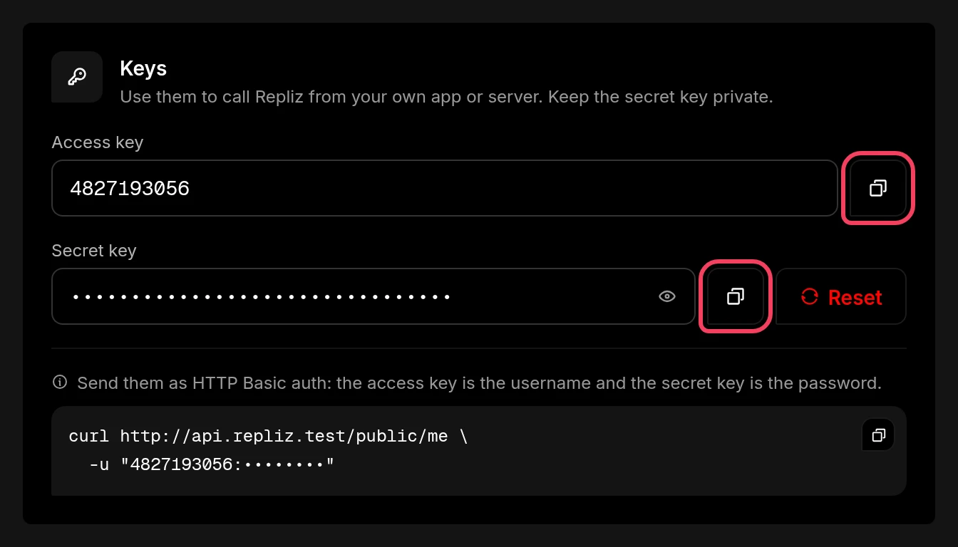 The Keys card with the copy buttons next to the access key and the secret key highlighted