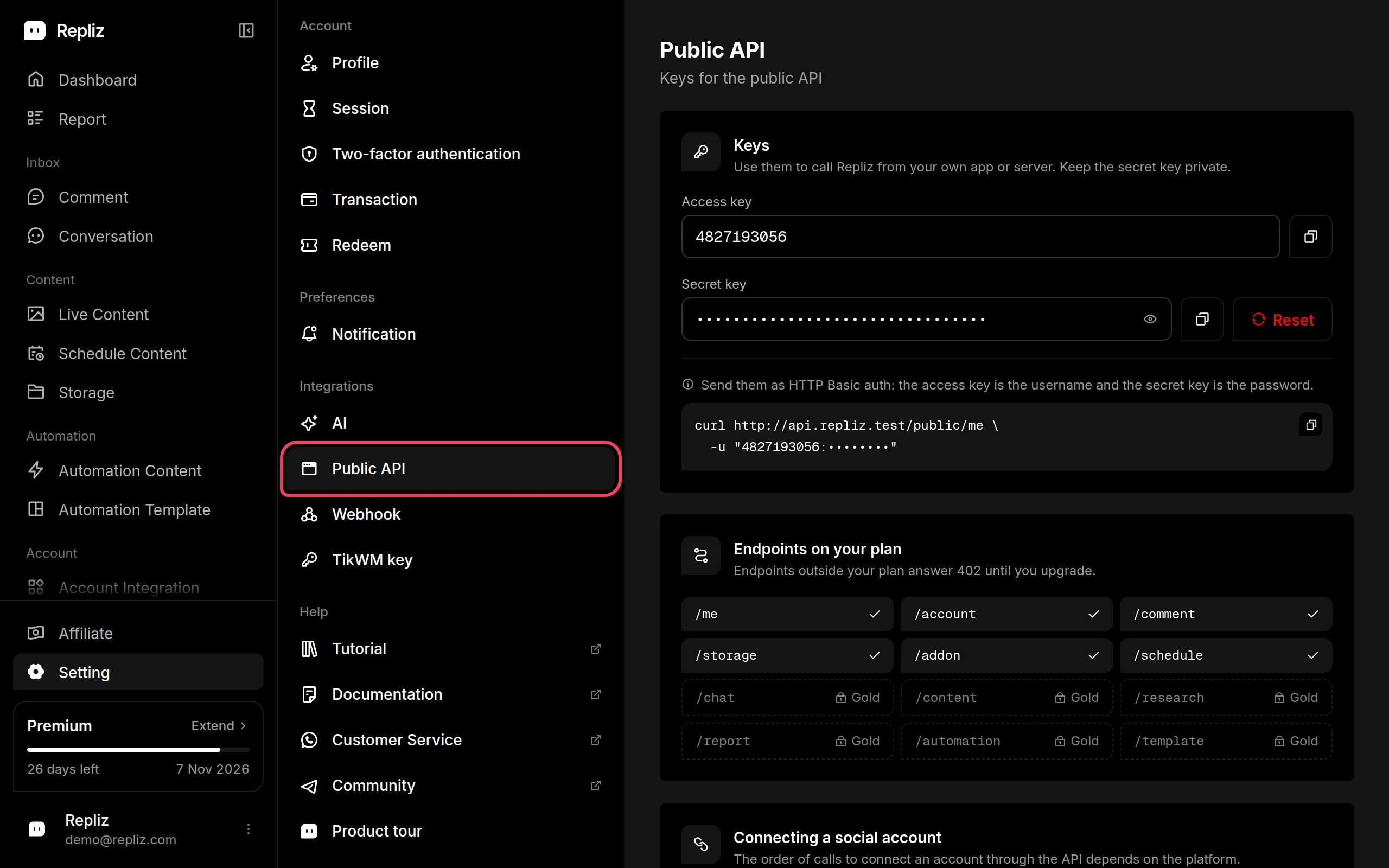 The Public API page in Settings, with Public API highlighted in the settings menu