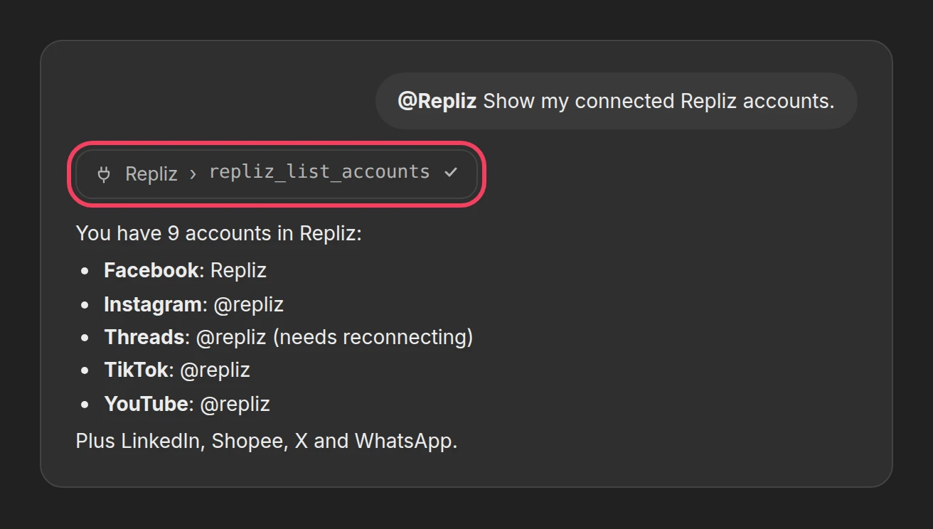 Illustration: ChatGPT answering with the list of Repliz accounts after running repliz_list_accounts