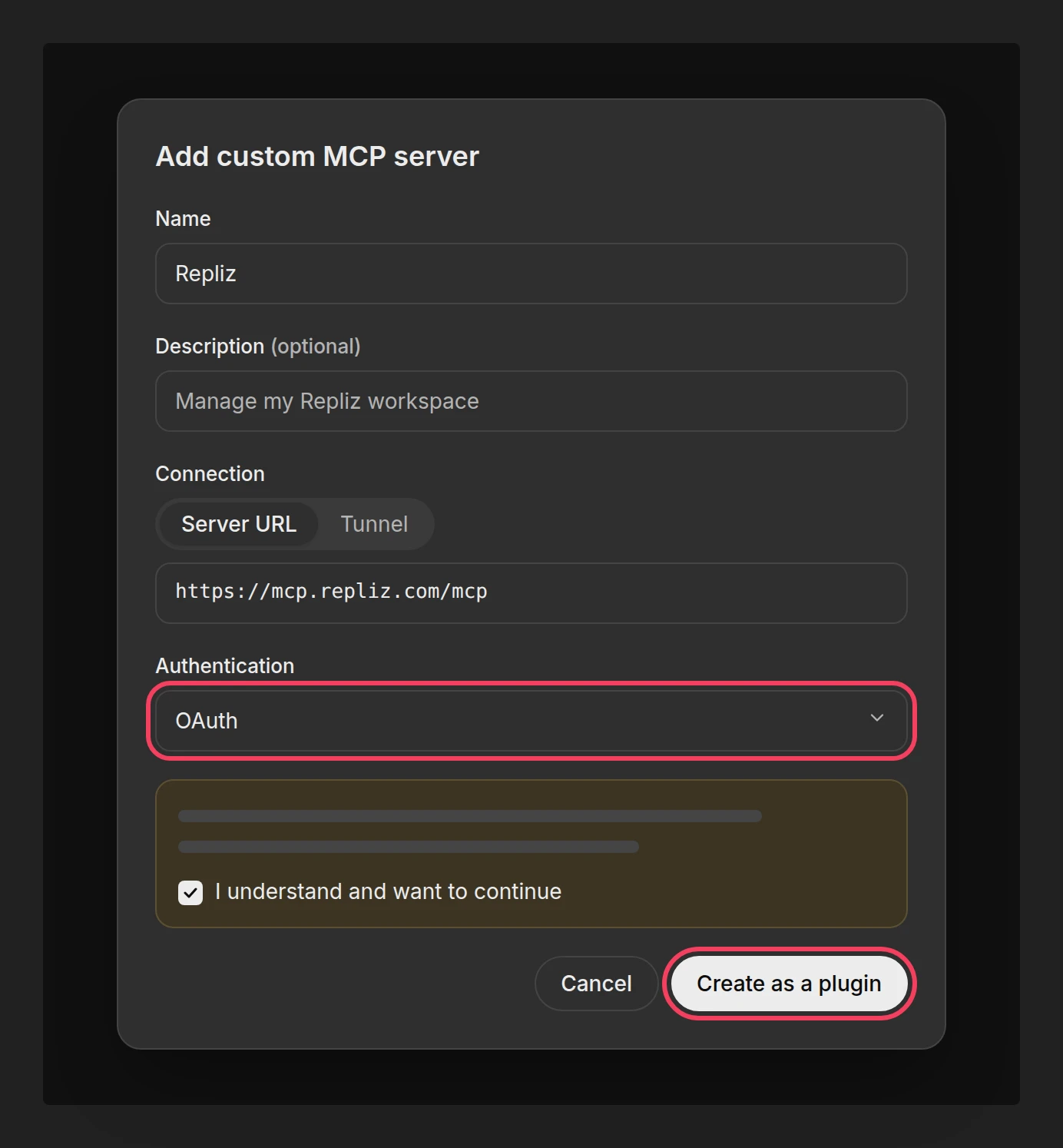 Illustration: the Add custom MCP server form filled in for Repliz, with OAuth and Create as a plugin highlighted