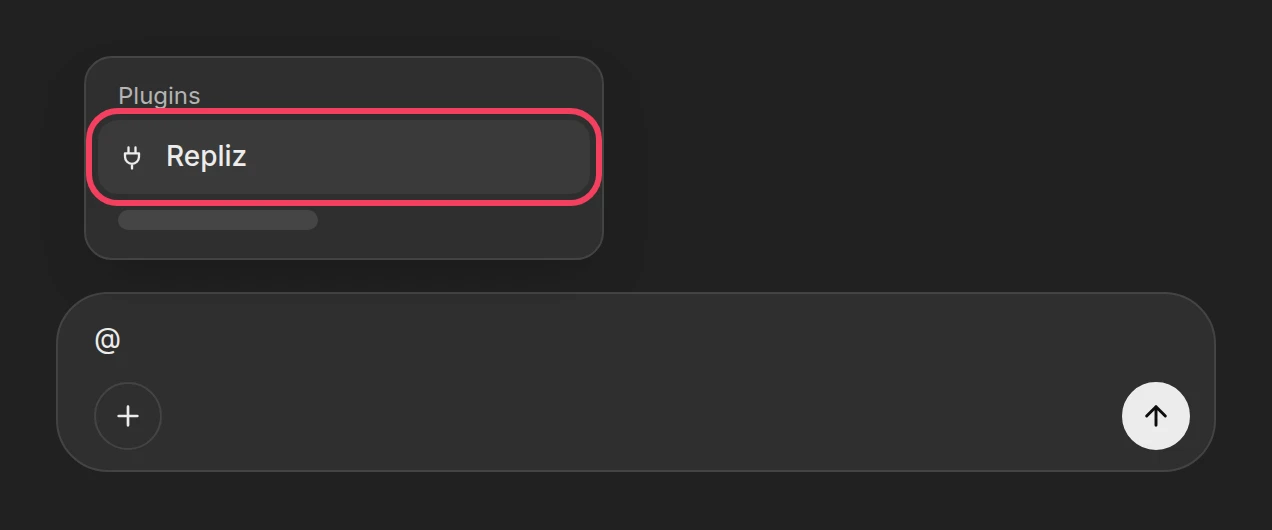Illustration: the message box with @ typed and Repliz highlighted in the list of plugins