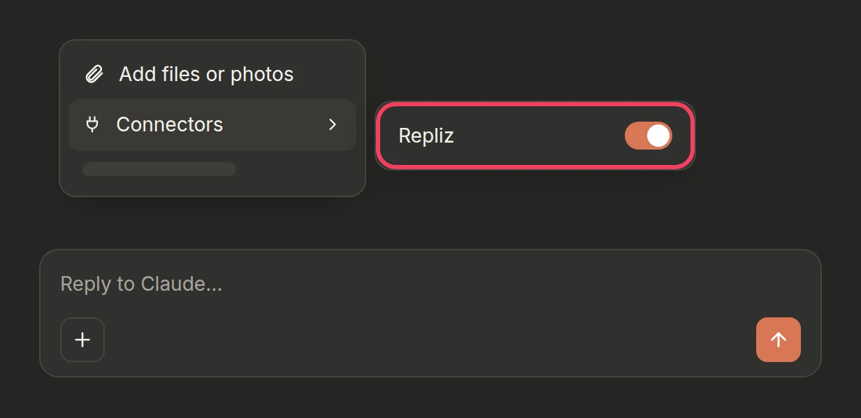 Illustration: the + menu of the message box with Connectors open and Repliz turned on
