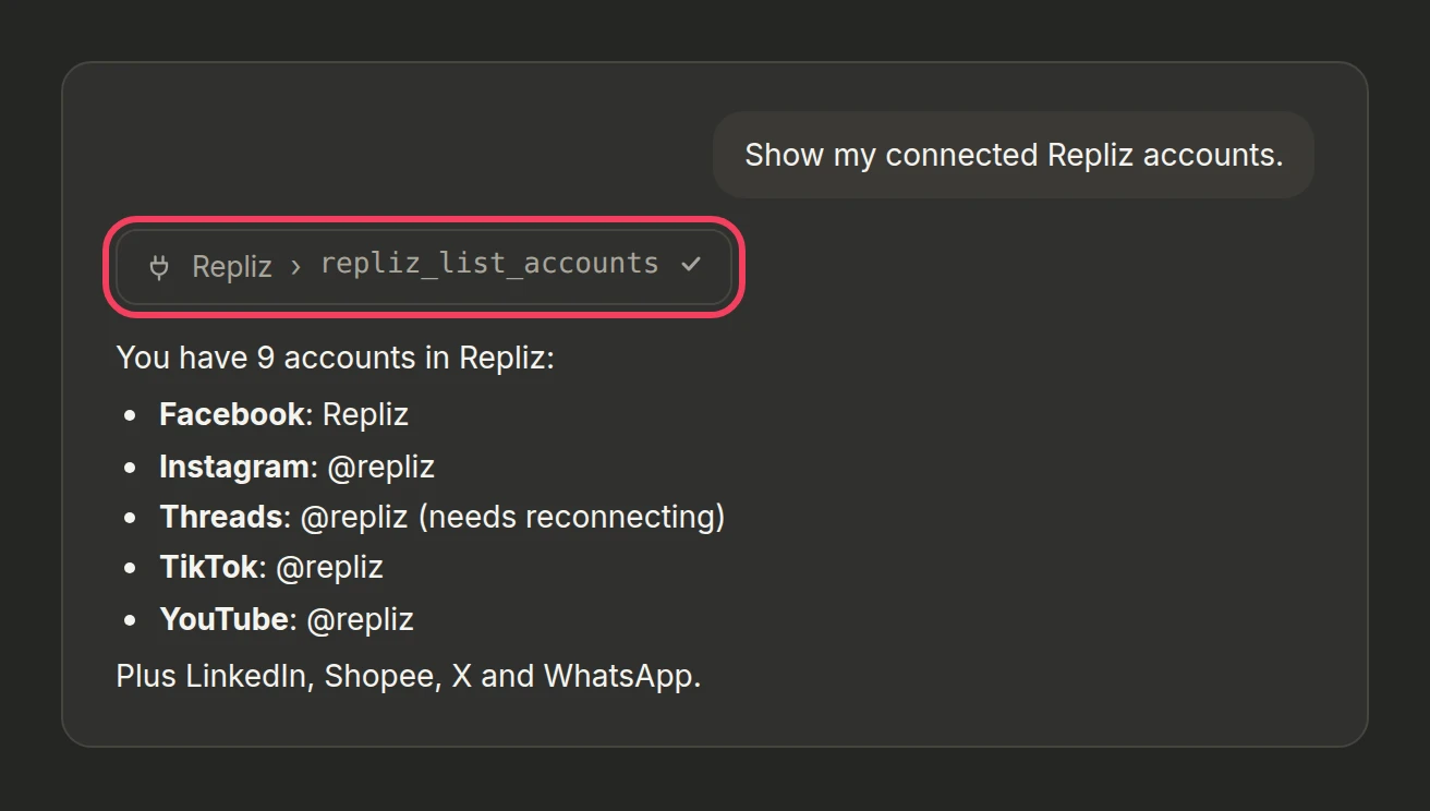 Illustration: Claude answering with the list of Repliz accounts after running repliz_list_accounts