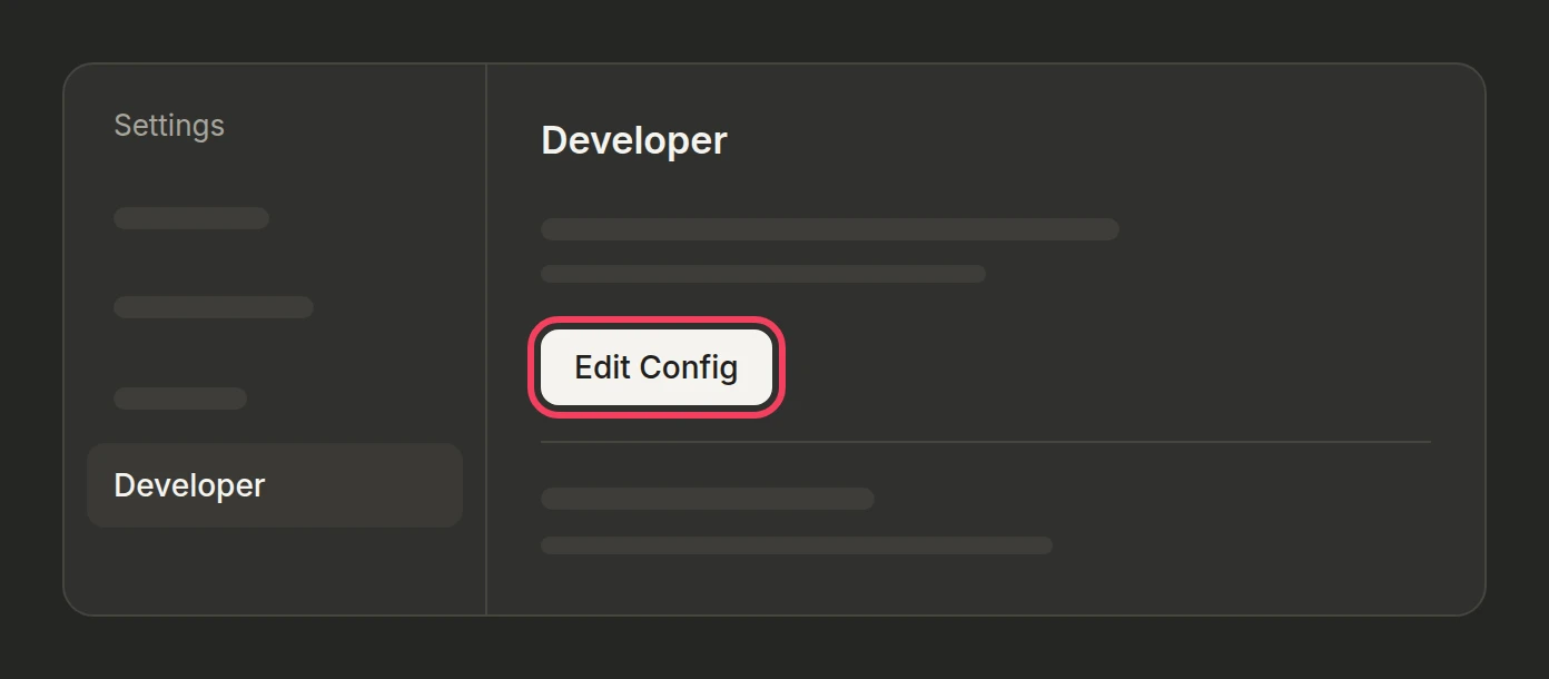 Illustration: the Developer tab of the desktop app's Settings with the Edit Config button highlighted