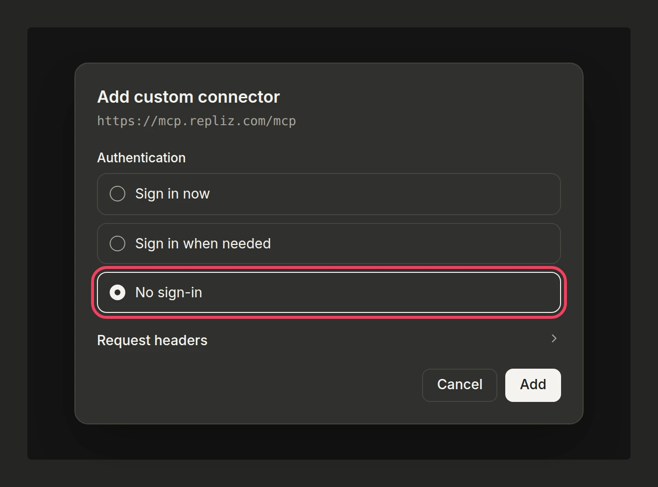 Illustration: the authentication settings with No sign-in selected and highlighted