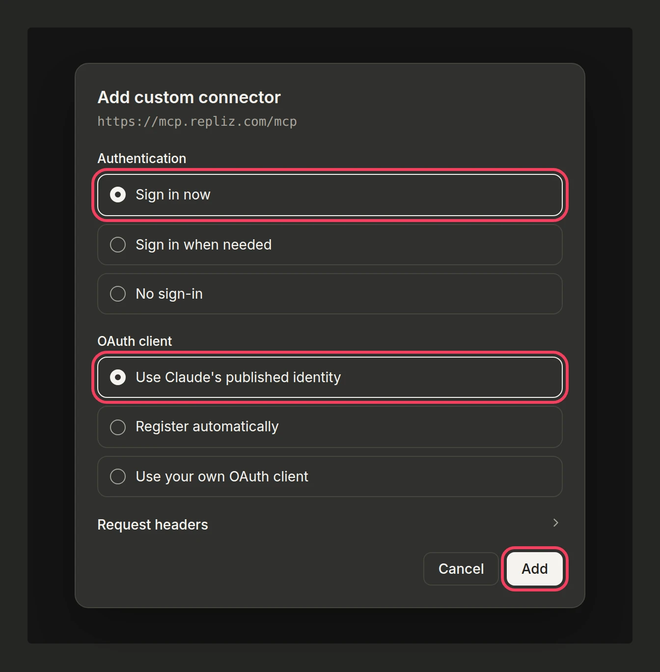 Illustration: the authentication settings with Sign in now and Use Claude's published identity selected, and the Add button highlighted