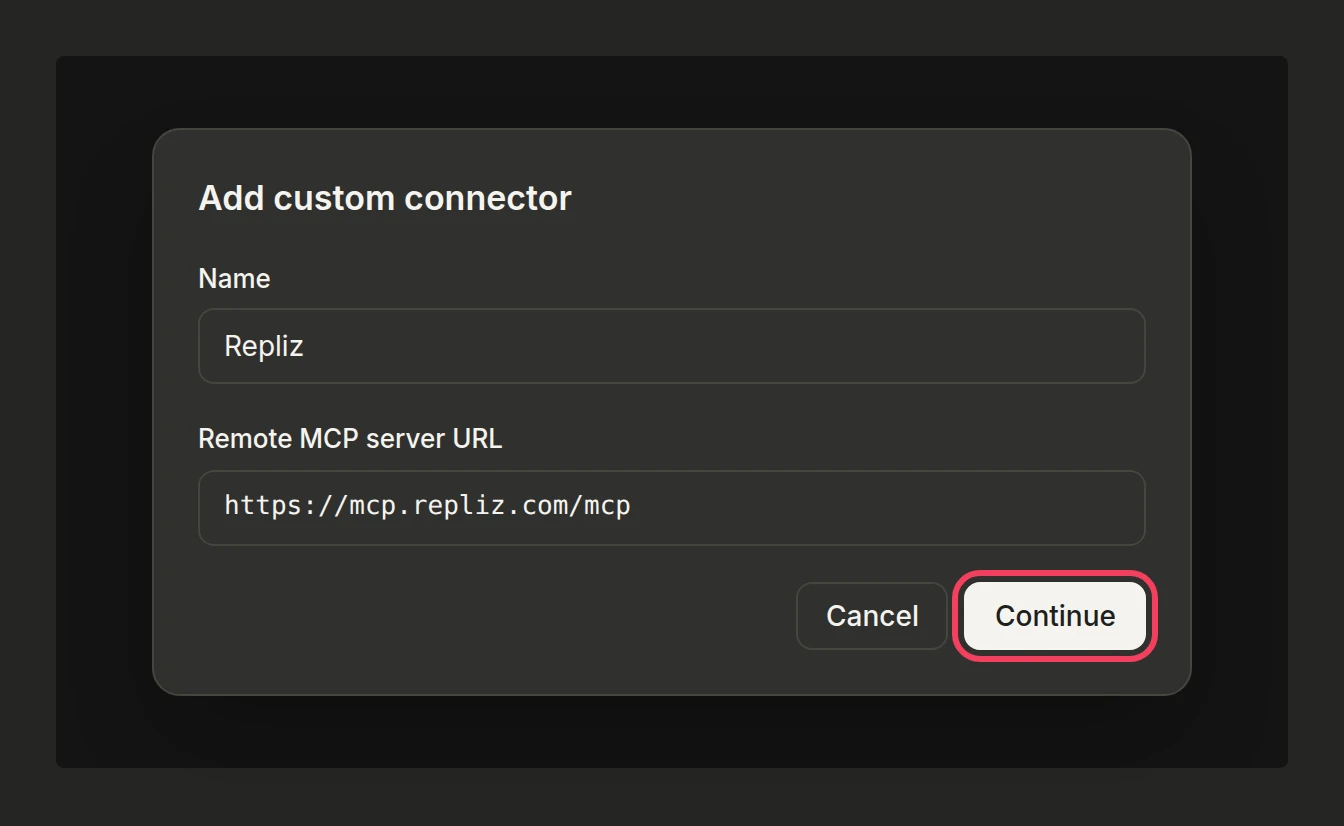 Illustration: the Add custom connector dialog with the name and the URL filled in and Continue highlighted