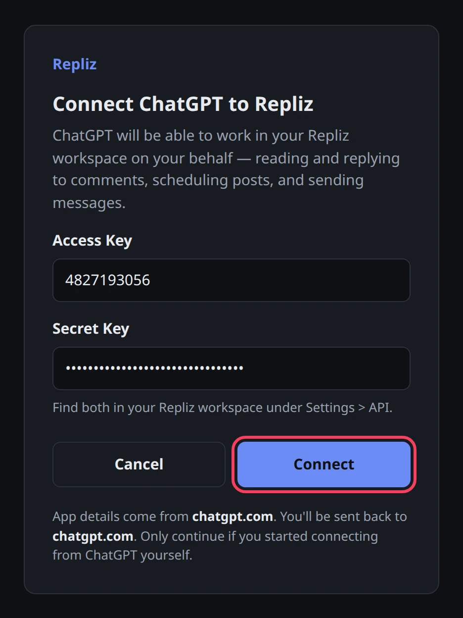 The Repliz sign-in page for ChatGPT with both keys filled in and Connect highlighted