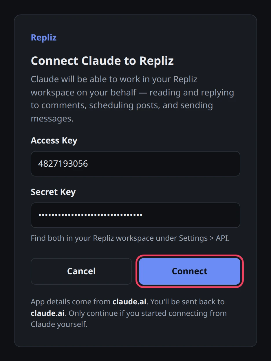 The Repliz sign-in page with the Access Key and Secret Key filled in and Connect highlighted