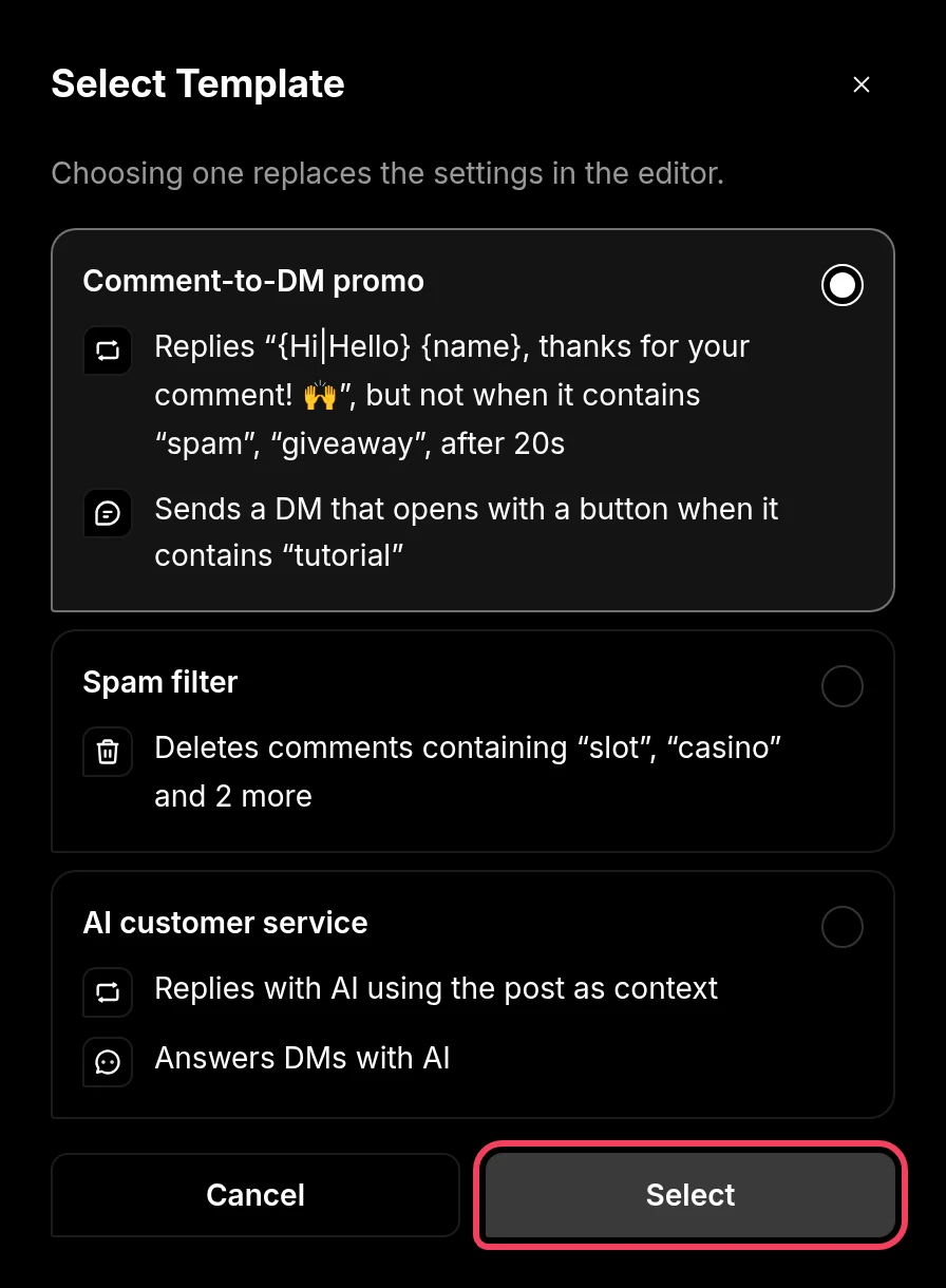 The Select Template window with a template picked and the Select button highlighted