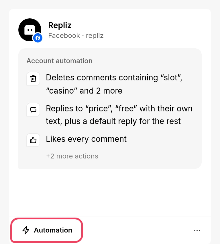An account card in Account Integration with the Automation button highlighted