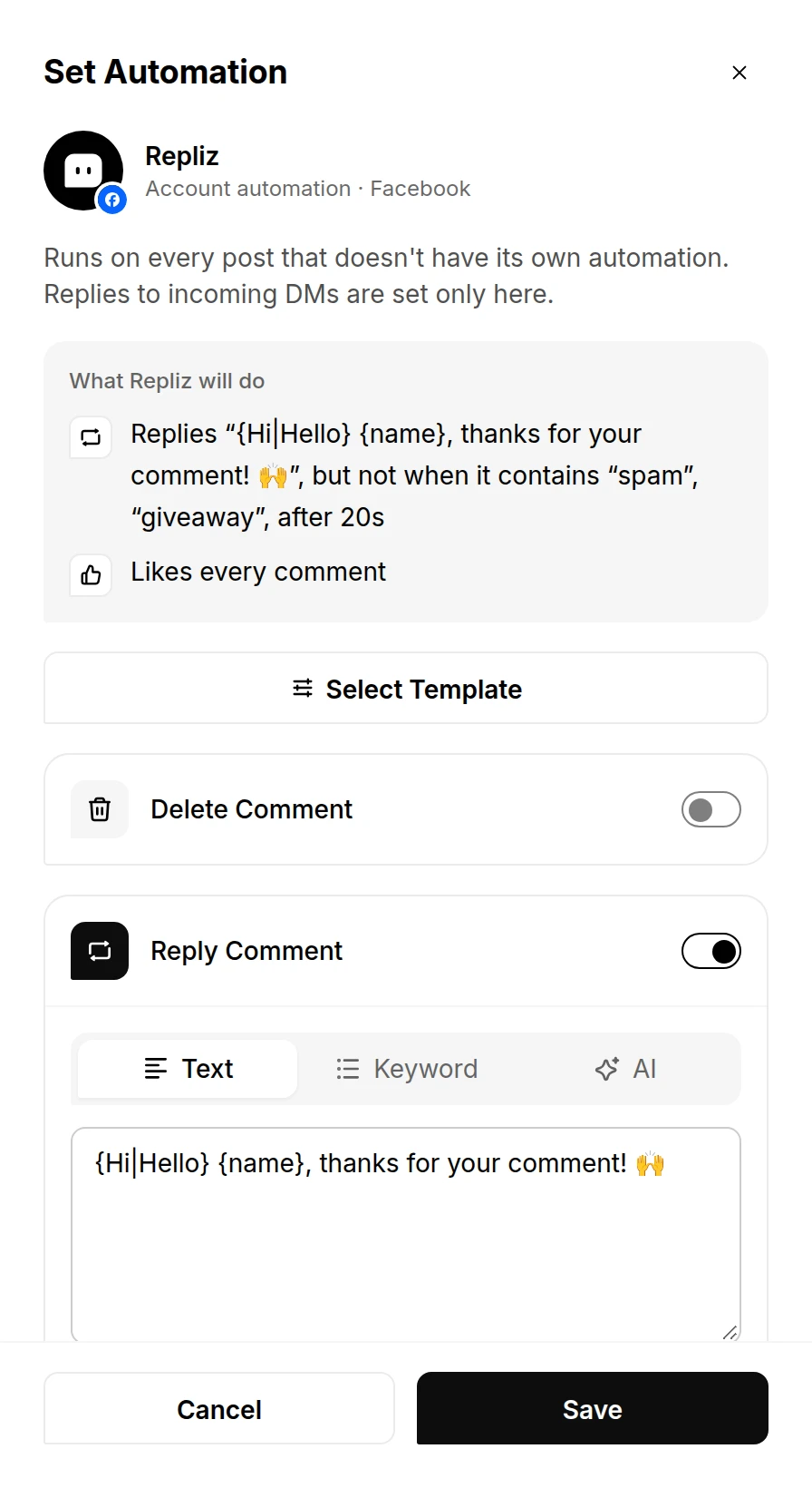 The Set Automation window for an account, with Reply Comment turned on
