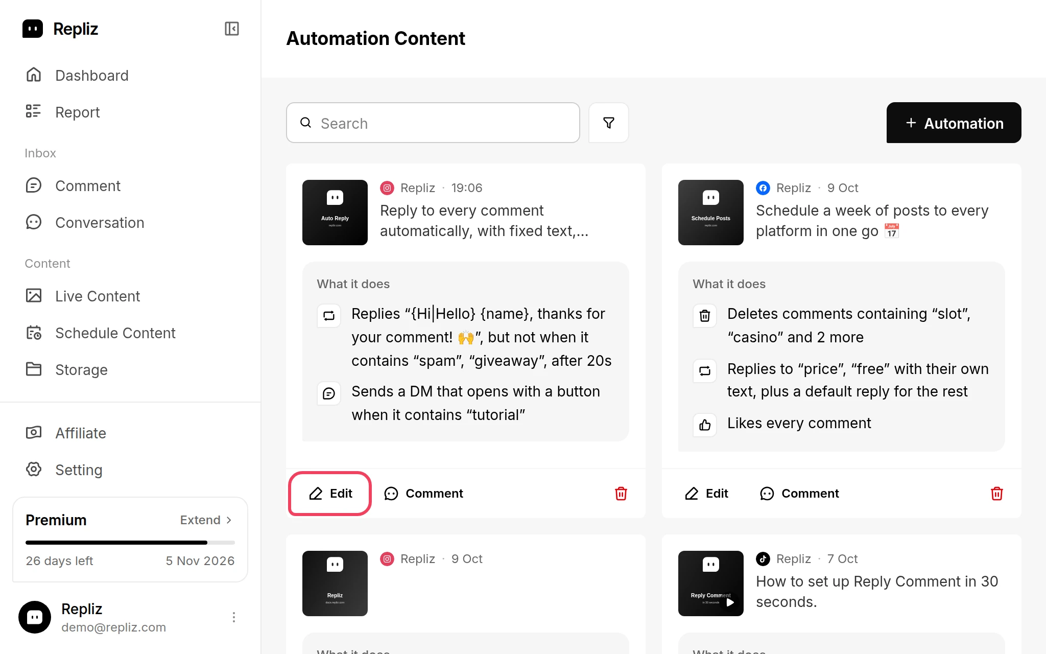 Automation Content with the Edit button highlighted on the first automation