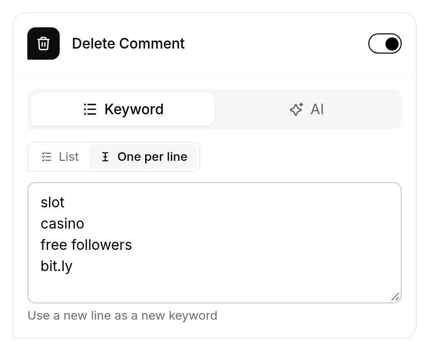 A keyword list switched to One per line