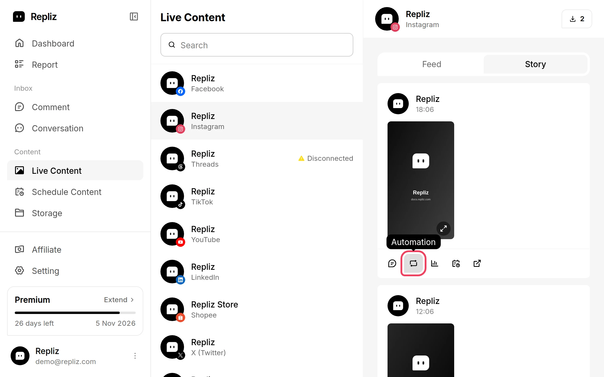 The Story tab in Live Content with a story's Automation button highlighted
