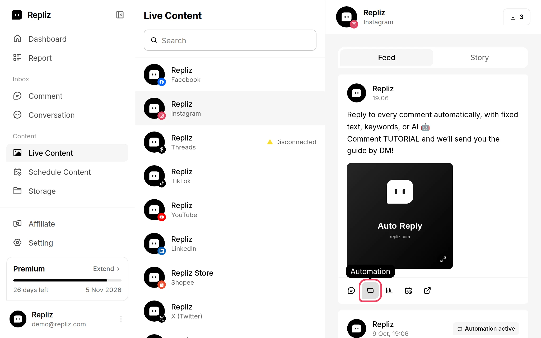 A post in Live Content with its Automation button highlighted