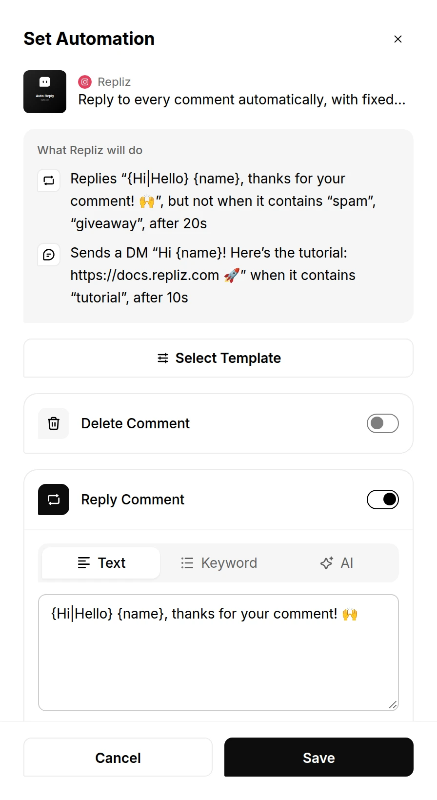 The Set Automation window for a post