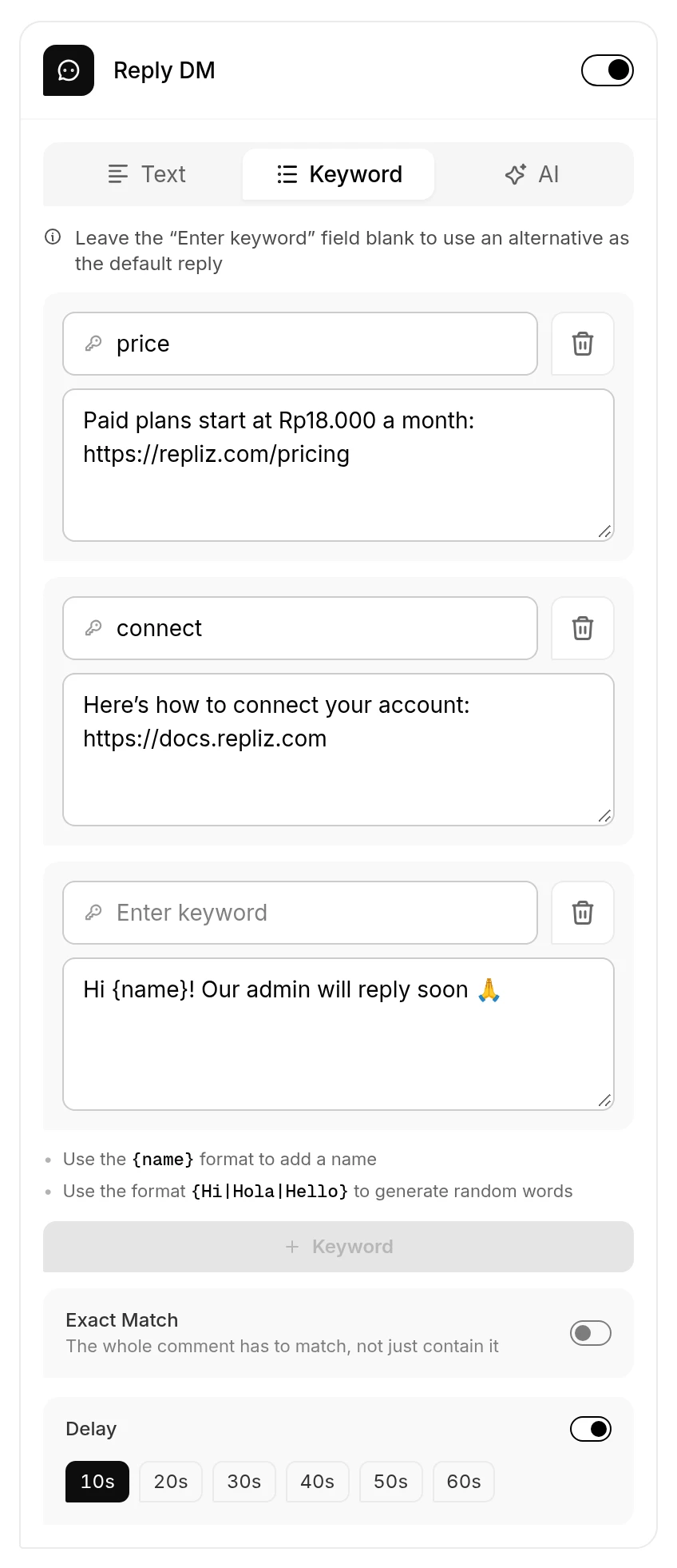 Reply DM in Keyword mode with two keywords, a default reply, and a 10-second Delay