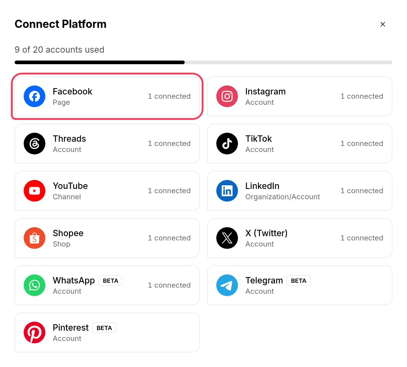 The Connect Platform window with Facebook highlighted