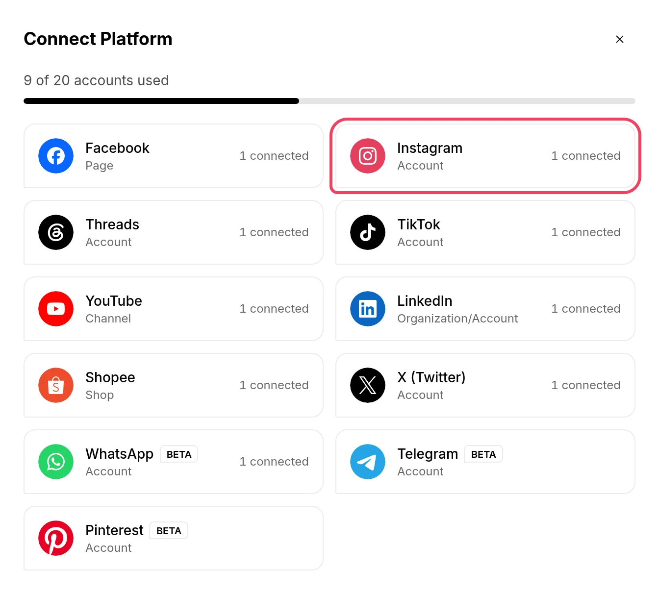 The Connect Platform window with Instagram highlighted