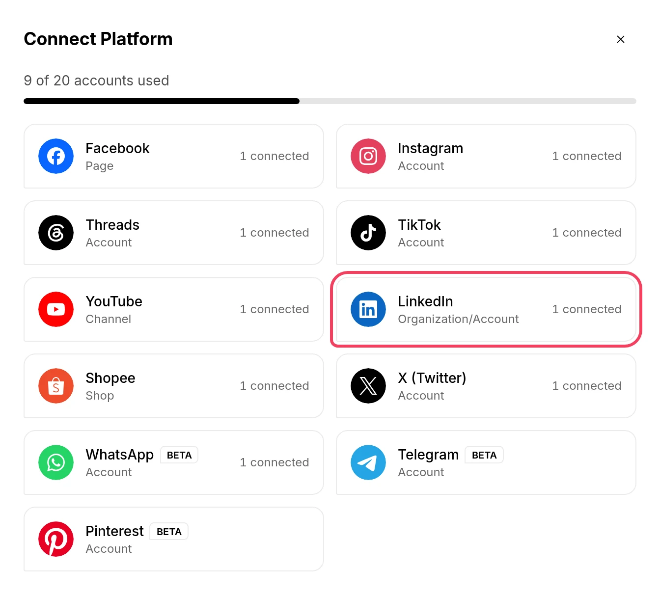 The Connect Platform window with LinkedIn highlighted