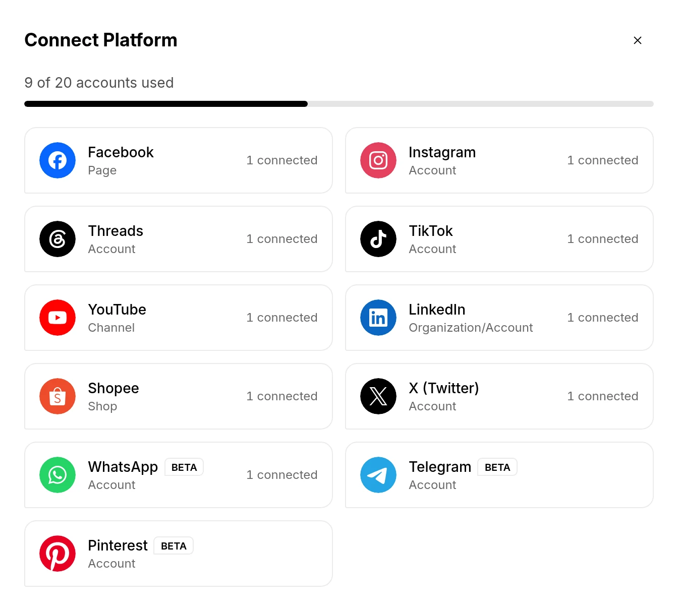 The Connect Platform window with every platform
