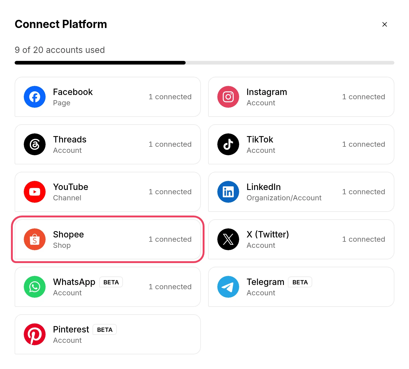 The Connect Platform window with Shopee highlighted
