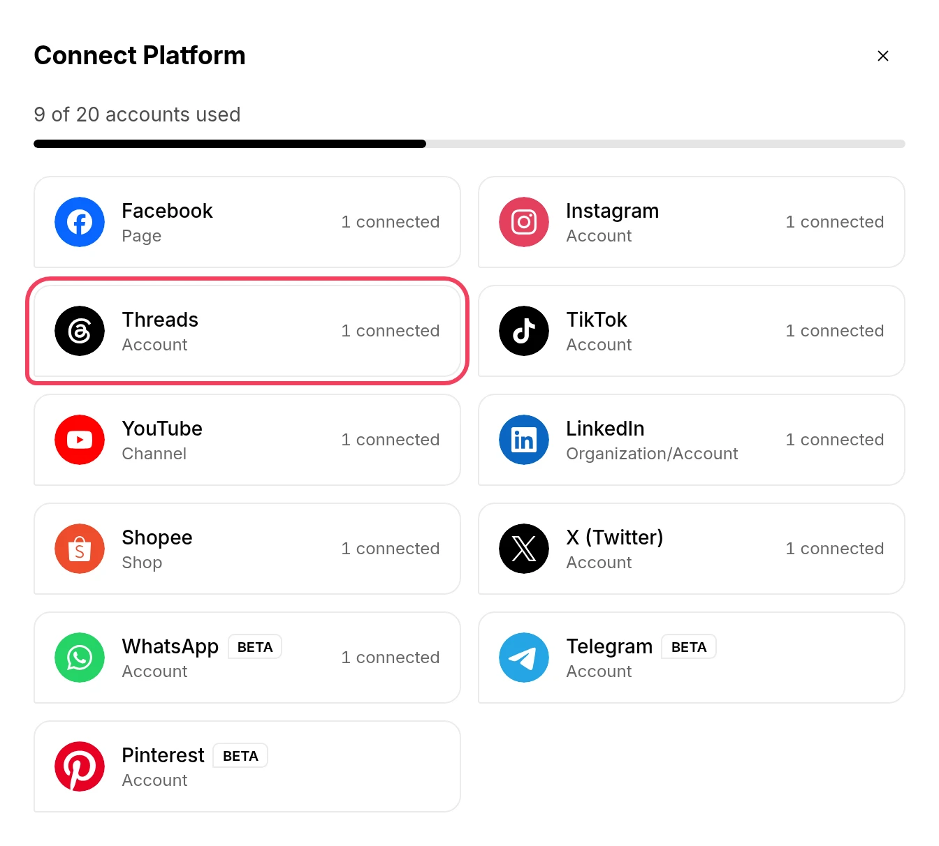 The Connect Platform window with Threads highlighted