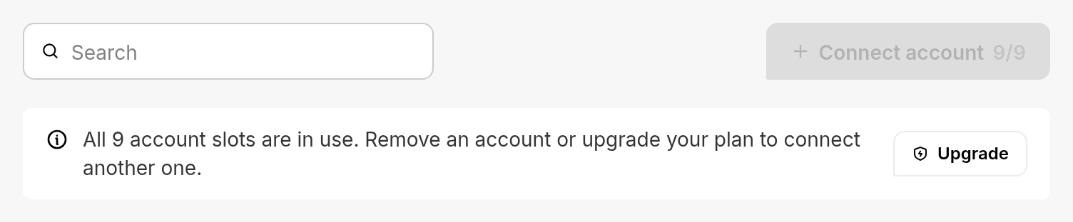 The Connect account button greyed out, with a notice that every account slot is in use
