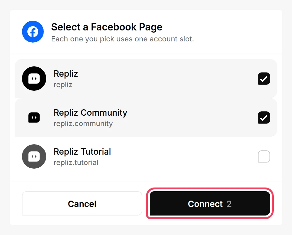 The Select a Facebook Page list with two Pages ticked and the Connect button highlighted