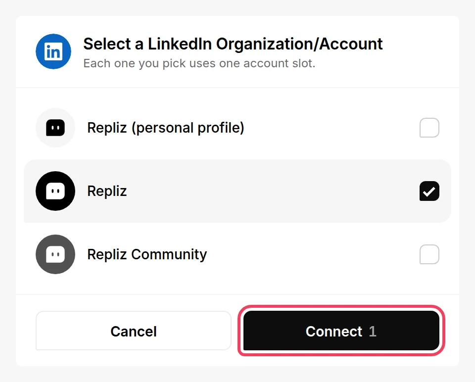 The Select a LinkedIn Organization/Account list with an organization ticked and the Connect button highlighted