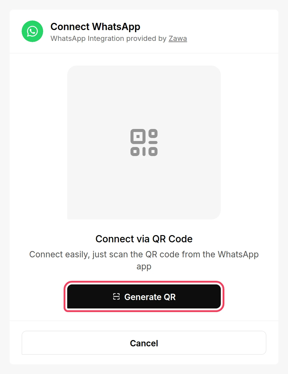 The Connect WhatsApp page with the Generate QR button highlighted